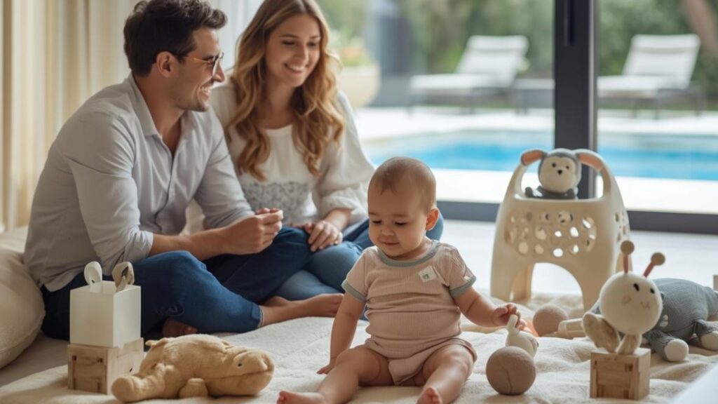 Bebe jugando en baby club de hotel en España con monitora y vista a piscina — Mejores hoteles con baby club para bebés de 0 a 3 años