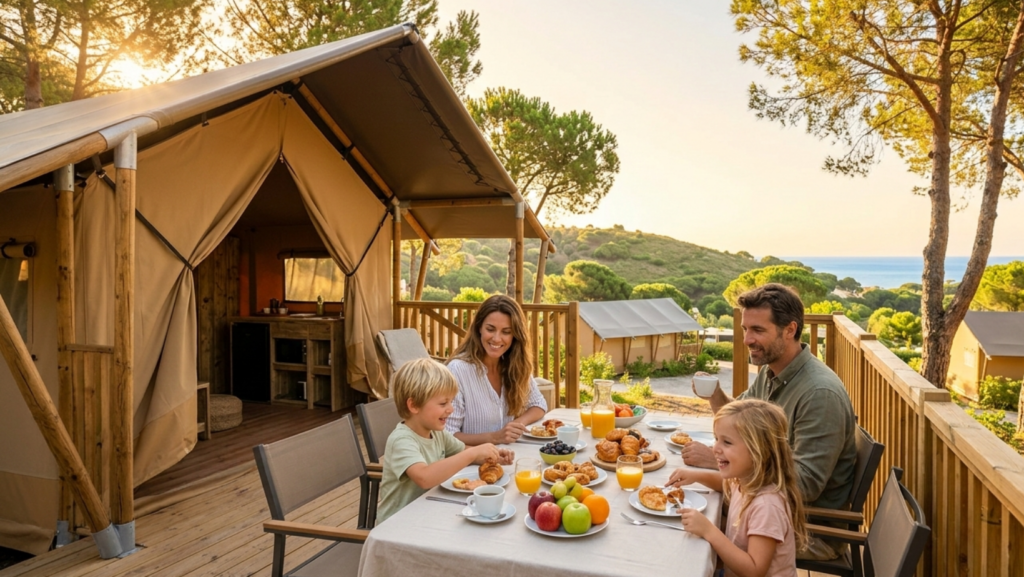 Familia desayunando en la terraza de una tienda glamping de lujo en la Costa del Sol, rodeados de pinos y naturaleza bajo la luz del amanecer.