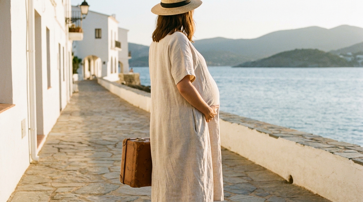 Mujer embarazada con sombrero y maleta en el paseo marítimo de un pueblo blanco al atardecer