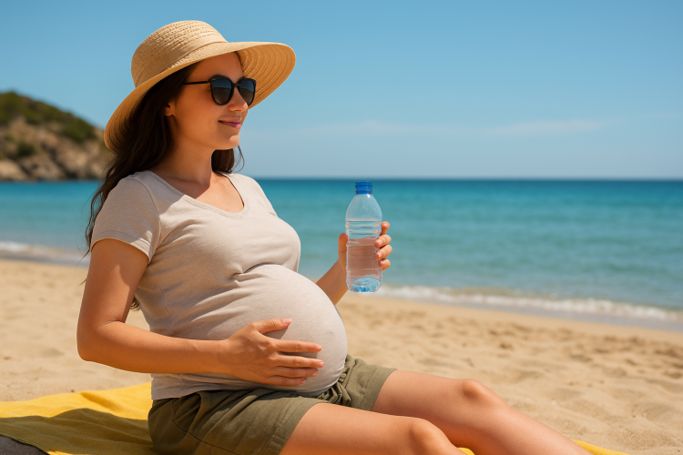 Mujer embarazada disfrutando de unas vacaciones de verano de manera segura